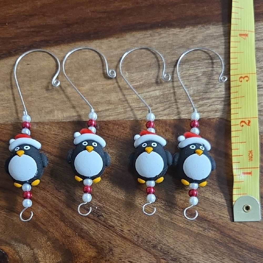 Penguin Christmas Ornament Hooks with Red and White Bead Accents - Picture 2 of 4